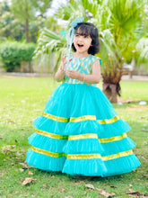 Elegant Sequin Bodice Sleeveless Frock with Net Frills & Gota Work Border – Perfect for Pageants, Parties & Weddings