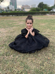 Girls Sequin Pageant Dress with Puff Sleeve – Full-Length Maxi Frock with Bow (Ages 1–12) | Eid, Wedding & Birthday Outfit