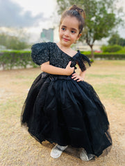 Girls Sequin Pageant Dress with Puff Sleeve – Full-Length Maxi Frock with Bow (Ages 1–12) | Eid, Wedding & Birthday Outfit