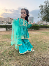 3-Piece Lace Embellished Frock with Net Dupatta & Lawn Gharara – Festive Eid & Wedding Ensemble