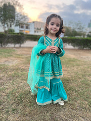 3-Piece Lace Embellished Frock with Net Dupatta & Lawn Gharara – Festive Eid & Wedding Ensemble