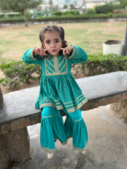 3-Piece Lace Embellished Frock with Net Dupatta & Lawn Gharara – Festive Eid & Wedding Ensemble