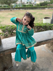 3-Piece Lace Embellished Frock with Net Dupatta & Lawn Gharara – Festive Eid & Wedding Ensemble