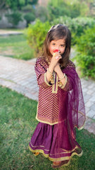 Girls 3-Piece Lace Embellished Shirt, Lawn Gharara & Net Dupatta – Eid, Wedding & Festive Dress