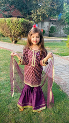 Girls 3-Piece Lace Embellished Shirt, Lawn Gharara & Net Dupatta – Eid, Wedding & Festive Dress