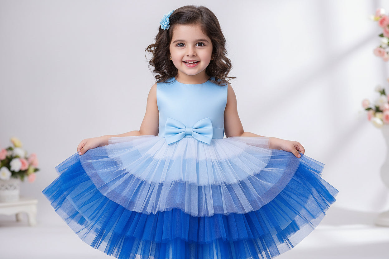 A sleeveless multicolor multilayer knee-length frock with a round neckline and a front bow detail, primarily in shades of blue.