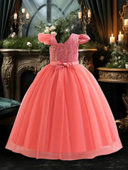 Girls Sequin Pageant Dress with Puff Sleeve – Full-Length Maxi Frock with Bow (Ages 1–12) | Eid, Wedding & Birthday Outfit