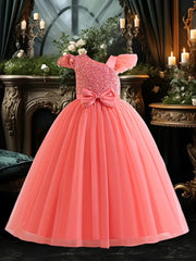 Girls Sequin Pageant Dress with Puff Sleeve – Full-Length Maxi Frock with Bow (Ages 1–12) | Eid, Wedding & Birthday Outfit