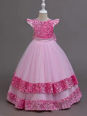 Girls Sequin Pageant Dress with Butterfly Sleeves – Full-Length Maxi Frock with Back Bow (Ages 1–12) | Eid, Wedding & Birthday Outfit