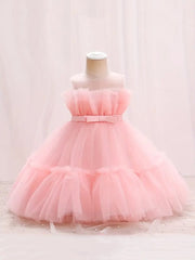 Girls’ Sleeveless Mesh Pageant Dress – Knee Length with Multi Frills & Elegant Front Bow