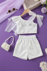 A sequined mesh splicing top with shorts baby toddler girl dress with bow detail on the shoulder.