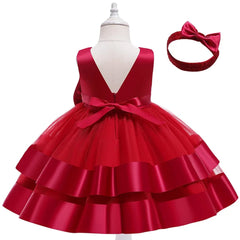 Elegant Sleeveless Knee-Length Frock with Mesh Net and Bow Headband – Perfect for Pageants, Parties & Special Occasions