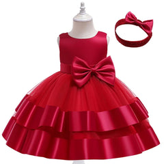 Elegant Sleeveless Knee-Length Frock with Mesh Net and Bow Headband – Perfect for Pageants, Parties & Special Occasions