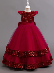 Girls Sequin Pageant Dress with Butterfly Sleeves – Full-Length Maxi Frock with Back Bow (Ages 1–12) | Eid, Wedding & Birthday Outfit