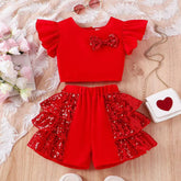 Ruffle Sleeves Top Side Ruffle Sequin Embellished Short Baby Toddler Girl Dress - Perfect for Casual Outings & Events