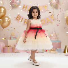 A multicolor multilayer ribbon bow knee-length frock with a round neckline and sleeveless design, predominantly in shades of peach.