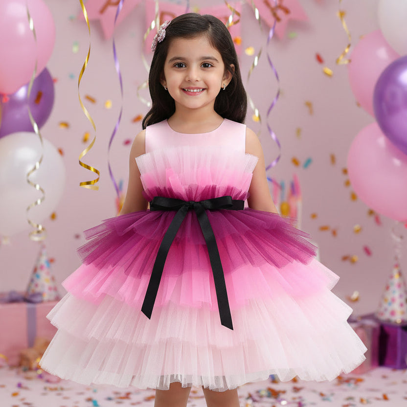 A multicolor multilayer ribbon bow knee-length frock with a round neckline and sleeveless design, predominantly in shades of purple.