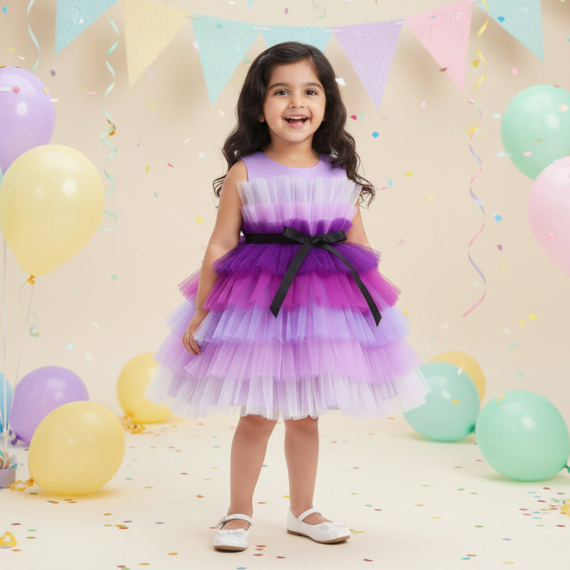 A multicolor multilayer ribbon bow knee-length frock with a round neckline and sleeveless design, predominantly in shades of purple.