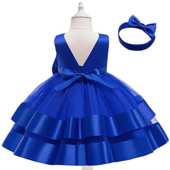 Elegant Sleeveless Knee-Length Frock with Mesh Net and Bow Headband – Perfect for Pageants, Parties & Special Occasions