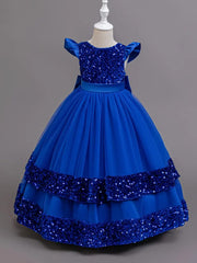 Girls Sequin Pageant Dress with Butterfly Sleeves – Full-Length Maxi Frock with Back Bow (Ages 1–12) | Eid, Wedding & Birthday Outfit