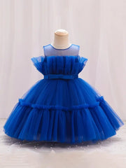 Girls’ Sleeveless Mesh Pageant Dress – Knee Length with Multi Frills & Elegant Front Bow