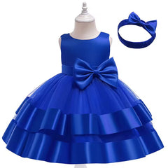 Elegant Sleeveless Knee-Length Frock with Mesh Net and Bow Headband – Perfect for Pageants, Parties & Special Occasions