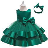 Elegant Sleeveless Knee-Length Frock with Mesh Net and Bow Headband – Perfect for Pageants, Parties & Special Occasions