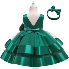 Elegant Sleeveless Knee-Length Frock with Mesh Net and Bow Headband – Perfect for Pageants, Parties & Special Occasions