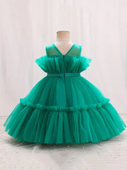 Girls’ Sleeveless Mesh Pageant Dress – Knee Length with Multi Frills & Elegant Front Bow