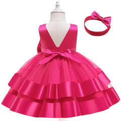Elegant Sleeveless Knee-Length Frock with Mesh Net and Bow Headband – Perfect for Pageants, Parties & Special Occasions
