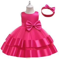 Elegant Sleeveless Knee-Length Frock with Mesh Net and Bow Headband – Perfect for Pageants, Parties & Special Occasions