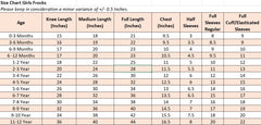 A size chart table for girls' frocks, showing age ranges from 0-3 months to 11-12 years, with columns for knee length, medium length, full length, chest, half sleeves, full sleeves regular, and full cuff/elasticated sleeves.
