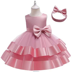 Elegant Sleeveless Knee-Length Frock with Mesh Net and Bow Headband – Perfect for Pageants, Parties & Special Occasions