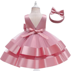 Elegant Sleeveless Knee-Length Frock with Mesh Net and Bow Headband – Perfect for Pageants, Parties & Special Occasions