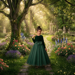 A young girl wearing a formal ball gown with a black velvet long-sleeve bodice and a voluminous dark green tulle skirt with a large bow at the waist.