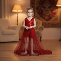 A young girl stands in a warmly lit living room wearing a red sleeveless lace-trim romper with a long sheer tulle skirt and tulle hem. The room has wooden floors, a cream armchair, two lit floor lamps, and a patterned tapestry on the wall.