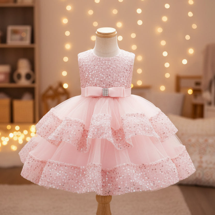 A baby pink sequined and tulle flower girl dress