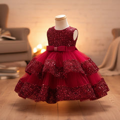 A red sequined and tulle flower girl dress