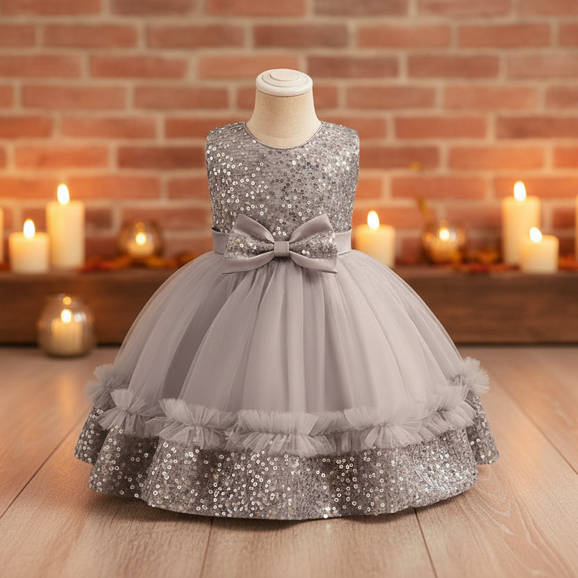 Grey sequin dress with a bow on a mannequin against a gray background
