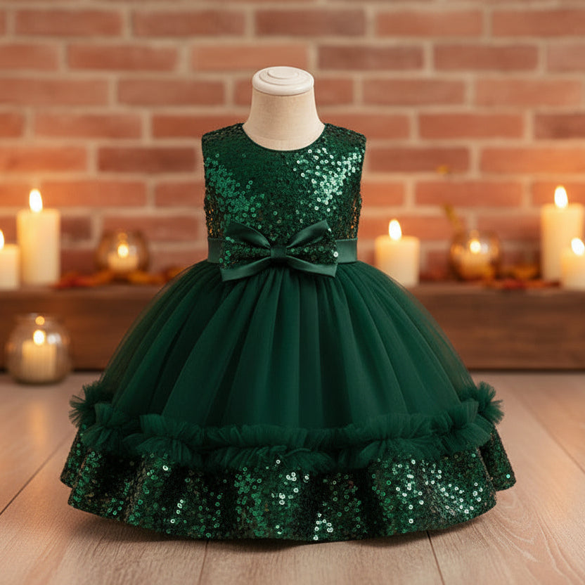A toddler girl's formal dress displayed on a dress form mannequin, featuring a bottle green sequined bodice, matching tulle skirt with ruffles, and a matching bow at the waist.