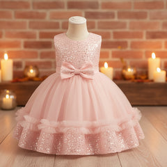 A toddler girl's formal dress displayed on a dress form mannequin, featuring a black sequined bodice, a matching tulle skirt with ruffles, and a matching bow at the waist.