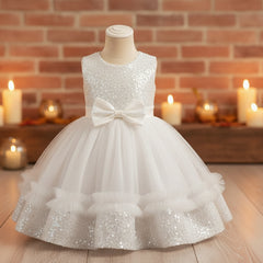 A toddler girl's formal dress displayed on a dress form mannequin, featuring a white sequined bodice, a matching tulle skirt with ruffles, and a matching bow at the waist.