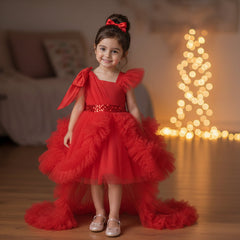 A young girl stands in a warmly lit living room wearing a red party dress with a high-low ruffled skirt, a bow headband, and metallic shoes.