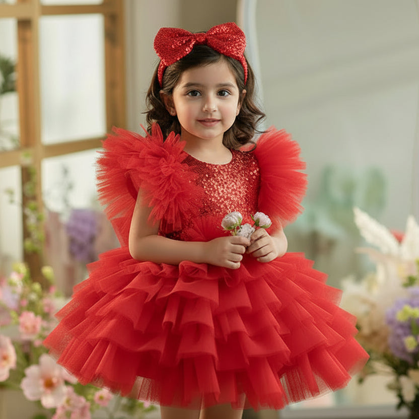 Young girl in a white dress with ruffles standing in a decorated room with flowers.