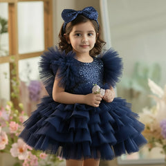 Gorgeous Girl Dress Super Glitter Sequin Bodice Multi-Layer Frills Skirt Little Ruffled Sleeve Birthday Party Festive Dress