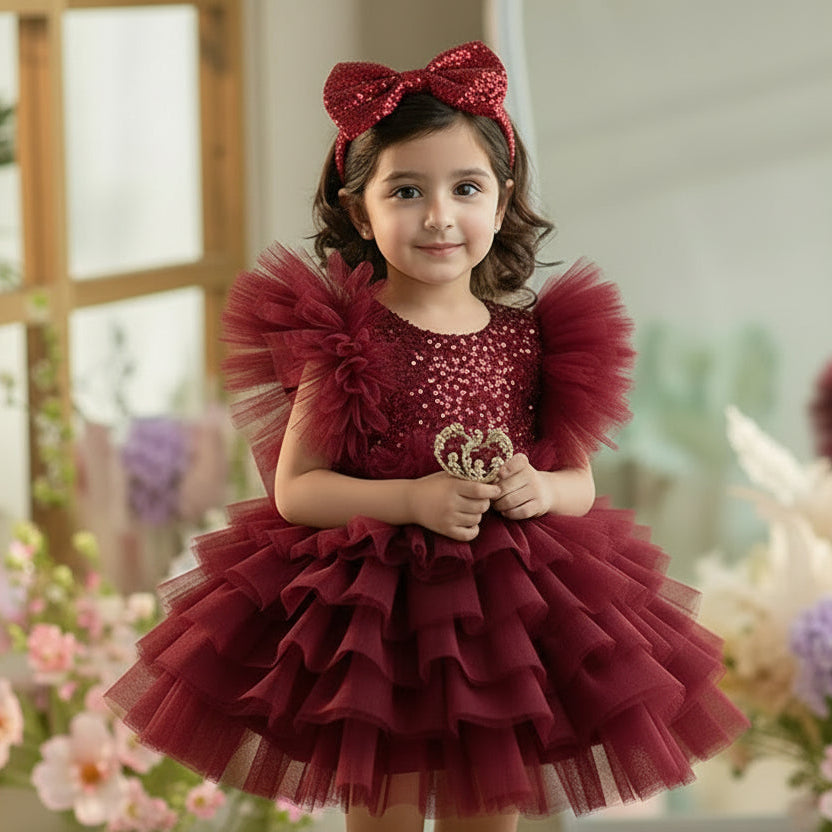 Young girl in a maroon dress with ruffles standing in a decorated room with flowers.