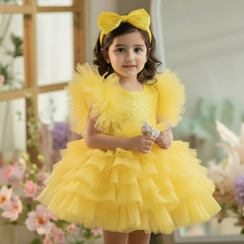 Young girl in a yellow dress with a bow, standing in front of floral decorations.