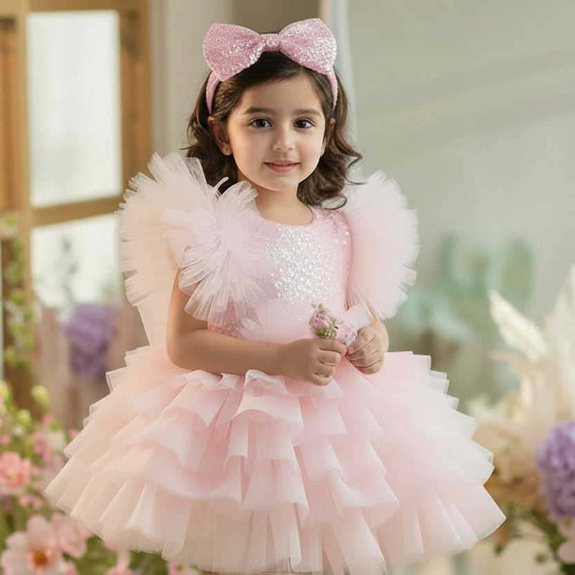 Young girl in a pink dress with ruffles standing in a decorated room with flowers.