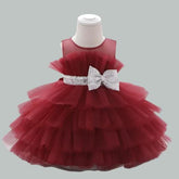 Sleeveless Multi Frills Mesh Knee Length Front Bow Pageant Frock