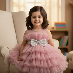 A sleeveless, knee-length red mesh frock with a white bow.